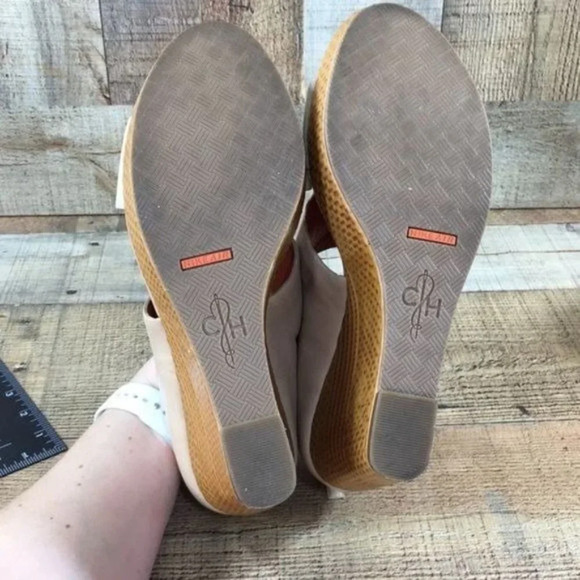 Cole Haan Cream‎ Tan Leather Wedge Heels Sandals Womens 9.5B Slip On - Picture 10 of 11